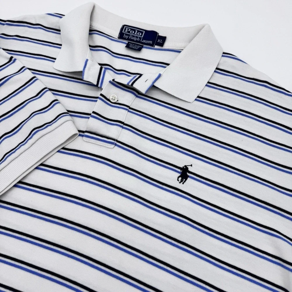 Polo Ralph Lauren Stretch Fit Navy Blue White Striped Polo Shirt Men's‎ XL